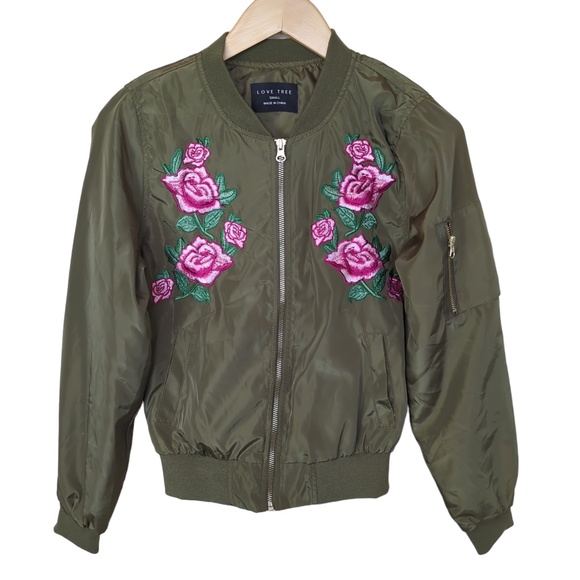 Love Tree Olive Green Floral Embroidered Bomber Jacket - Picture 1 of 15